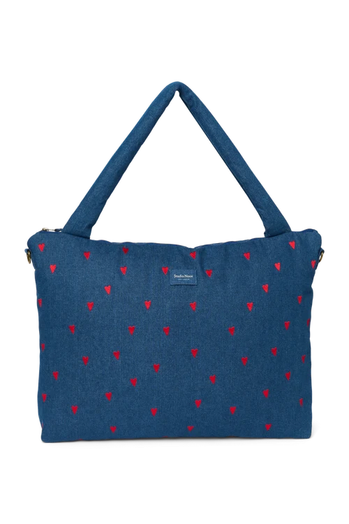 Denim Diaper Bag | Dark Blue Red Hearts