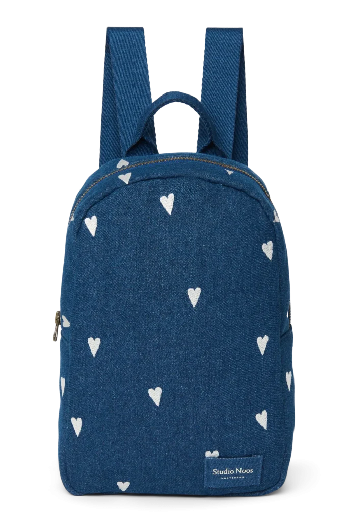 Denim Mini Backpack | Dark Blue White Hearts