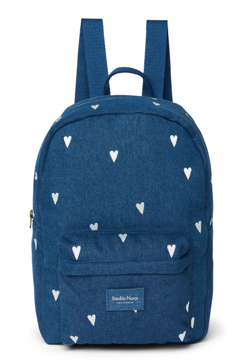 Denim Midi Backpack | Dark Blue White Hearts