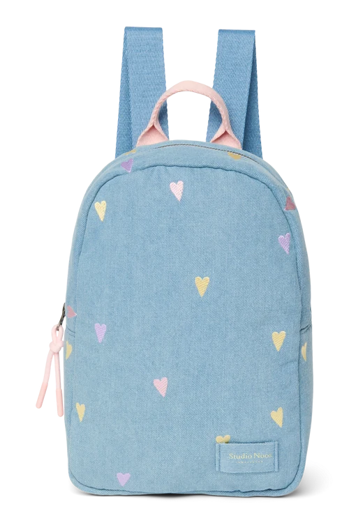 Denim Mini Backpack | Light Blue Hearts