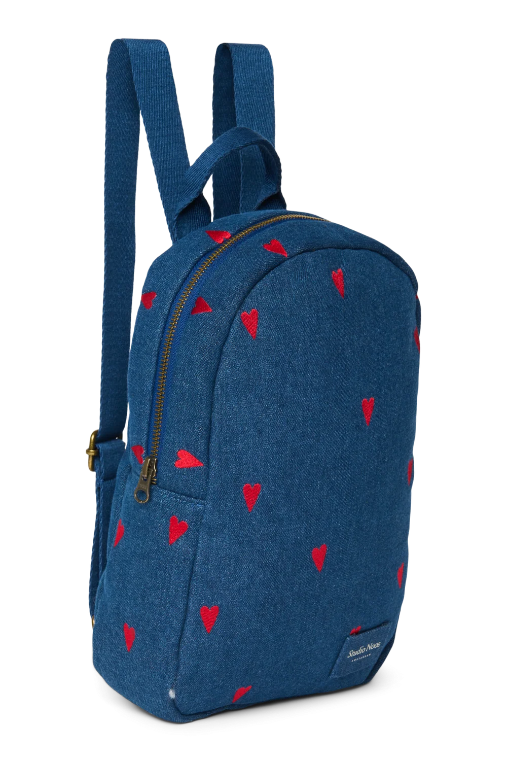 Denim Mini Backpack | Dark Blue Red Hearts