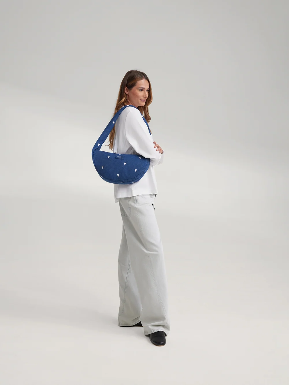 Denim Mini Cross Body Bag | Dark Blue White Hearts