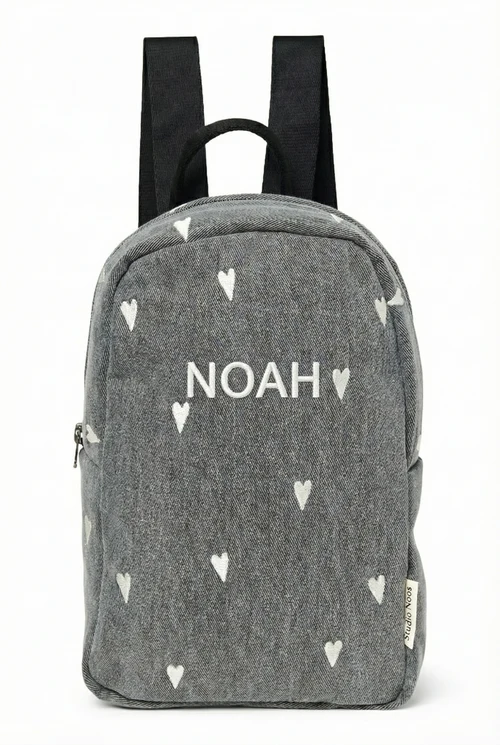 Denim Mini Backpack | Grey Hearts