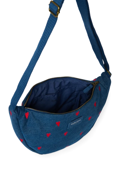 Denim Adult Fanny Pack | Dark Blue Red Hearts
