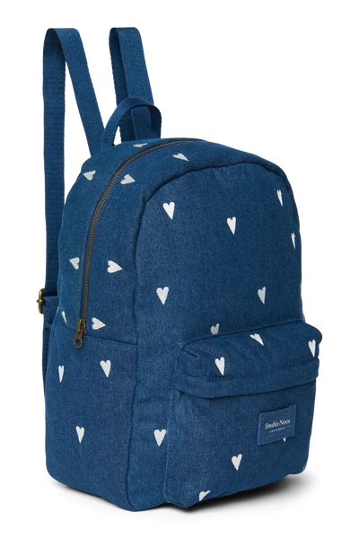 Denim Midi Backpack | Dark Blue White Hearts