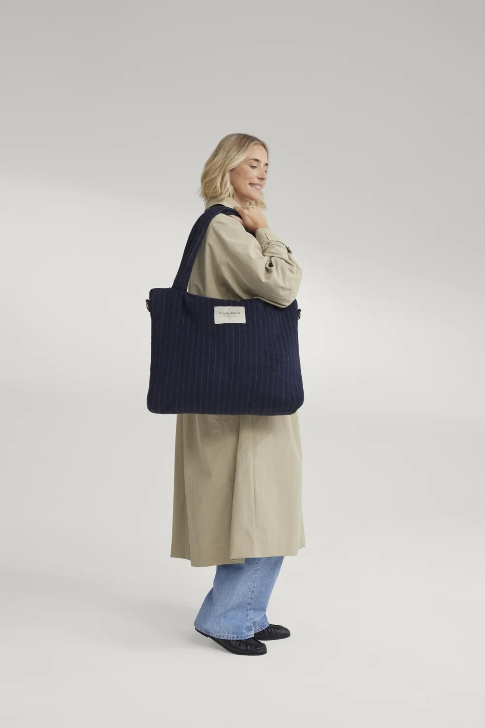 Flannel Chalkstripe Diaper Bag | Dark Blue