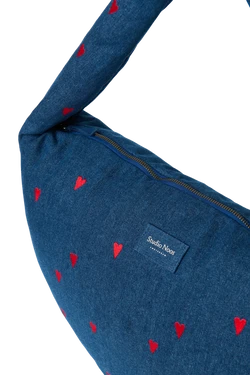 Denim Cross Body Bag | Dark Blue Red Hearts