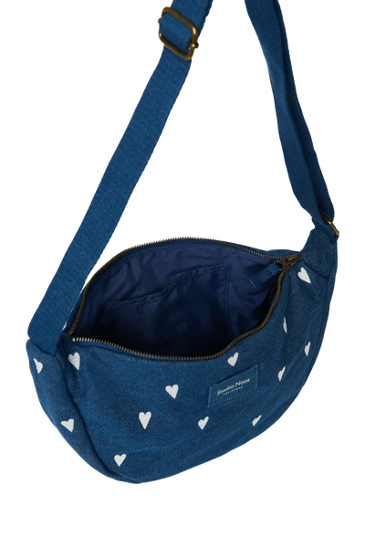 Denim Adult Fanny Pack | Dark Blue White Hearts