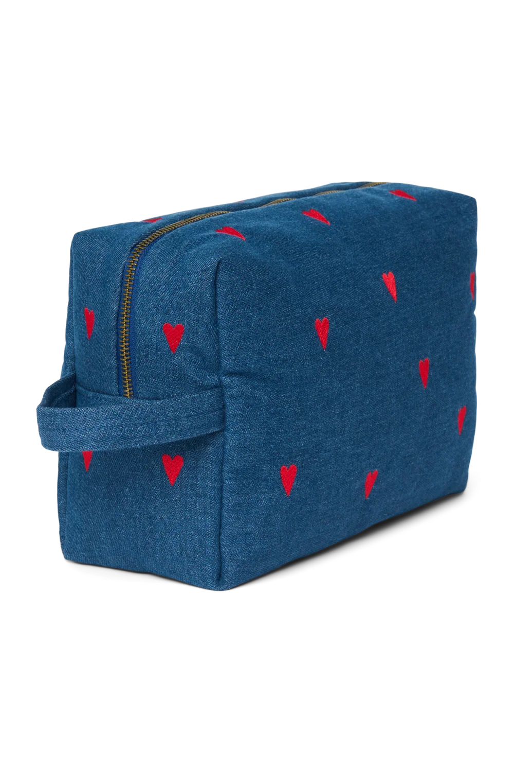 Denim Toiletry Bag | Dark Blue Red Hearts