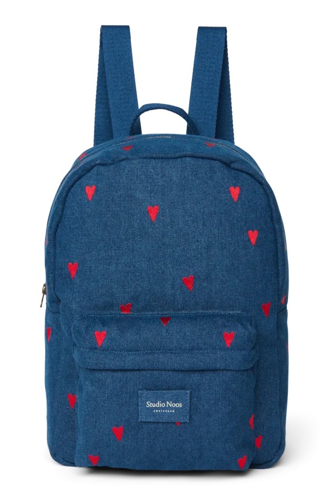 Denim Midi Backpack | Dark Blue Red Hearts
