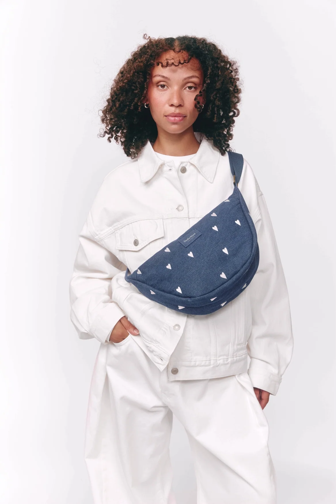 Denim Adult Fanny Pack | Dark Blue White Hearts