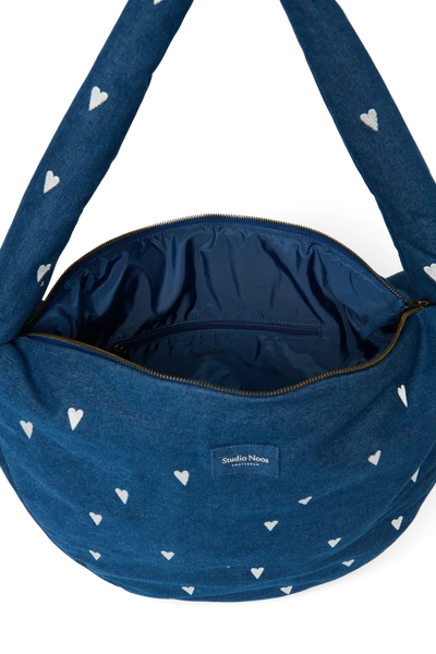 Denim Cross Body Bag | Dark Blue White Hearts
