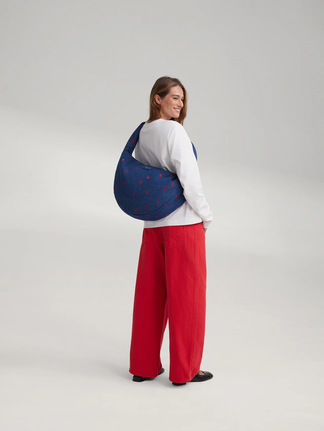 Denim Cross Body Bag | Dark Blue Red Hearts