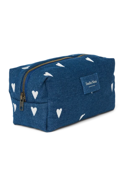Denim Pouch | Dark Blue White Hearts