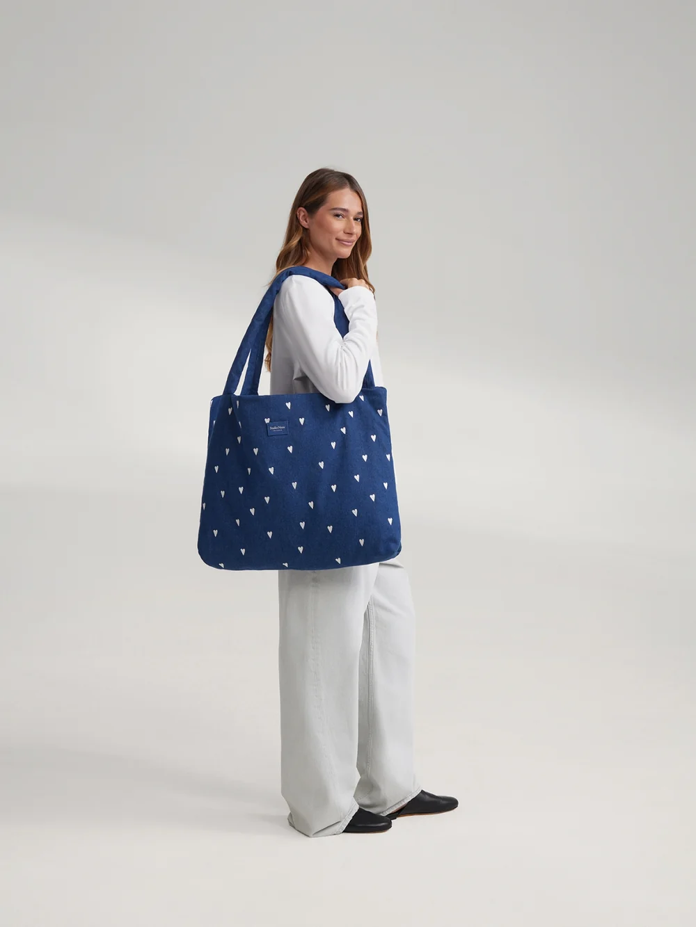 Denim Mom Bag | Dark Blue White Hearts