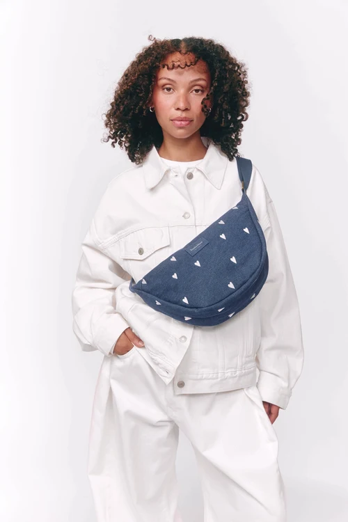Denim Adult Fanny Pack | Dark Blue White Hearts