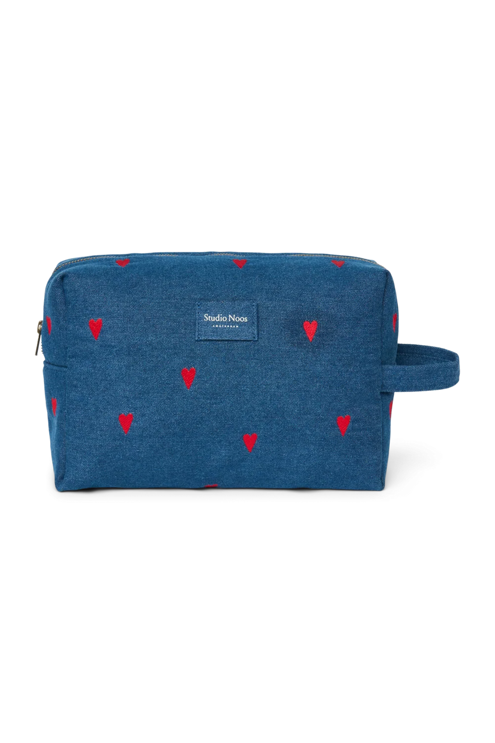 Denim Toiletry Bag | Dark Blue Red Hearts