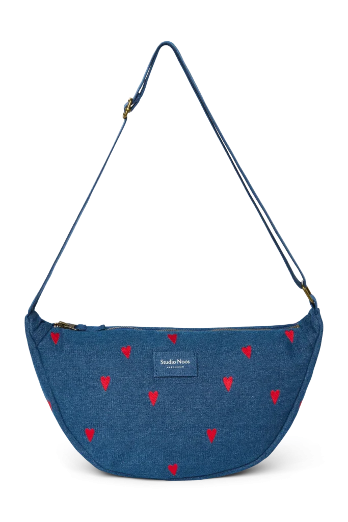 Denim Adult Fanny Pack | Dark Blue Red Hearts