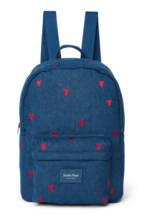 Denim Midi Backpack | Dark Blue Red Hearts