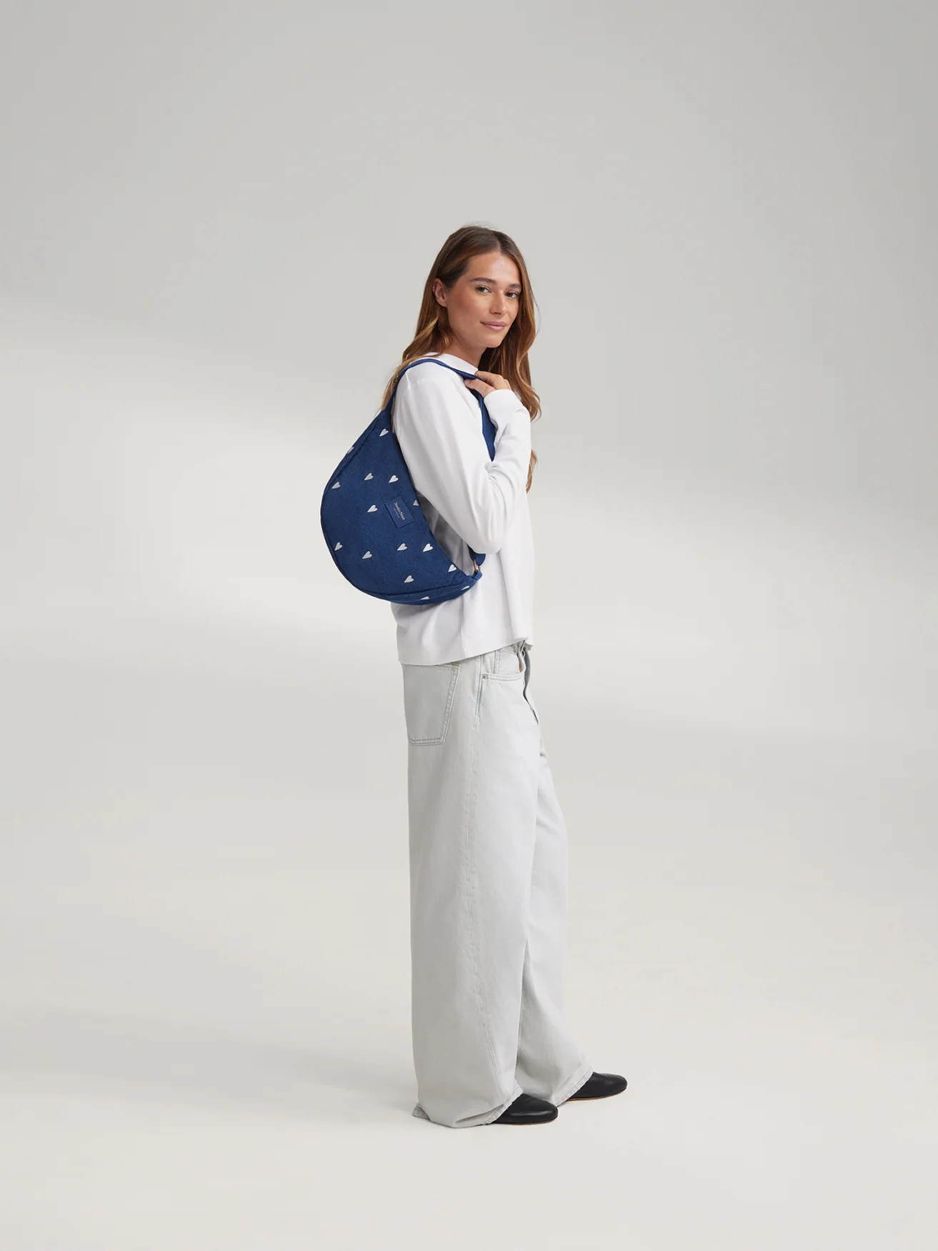 Denim Adult Fanny Pack | Dark Blue White Hearts
