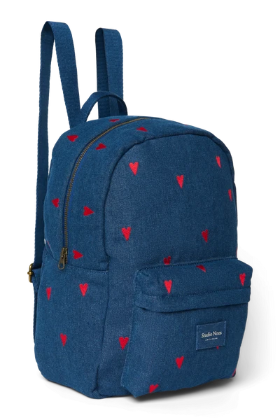 Denim Midi Backpack | Dark Blue Red Hearts