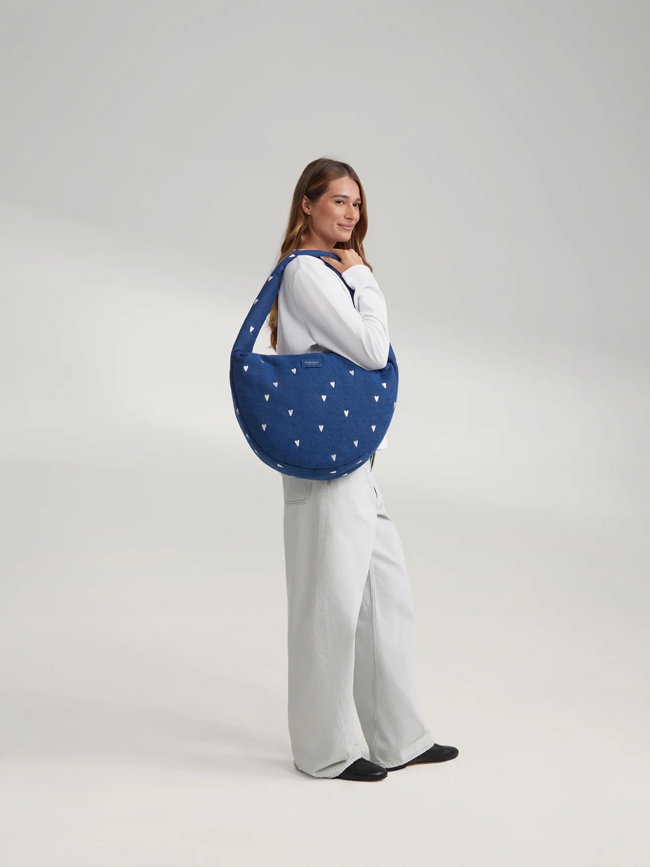 Denim Cross Body Bag | Dark Blue White Hearts