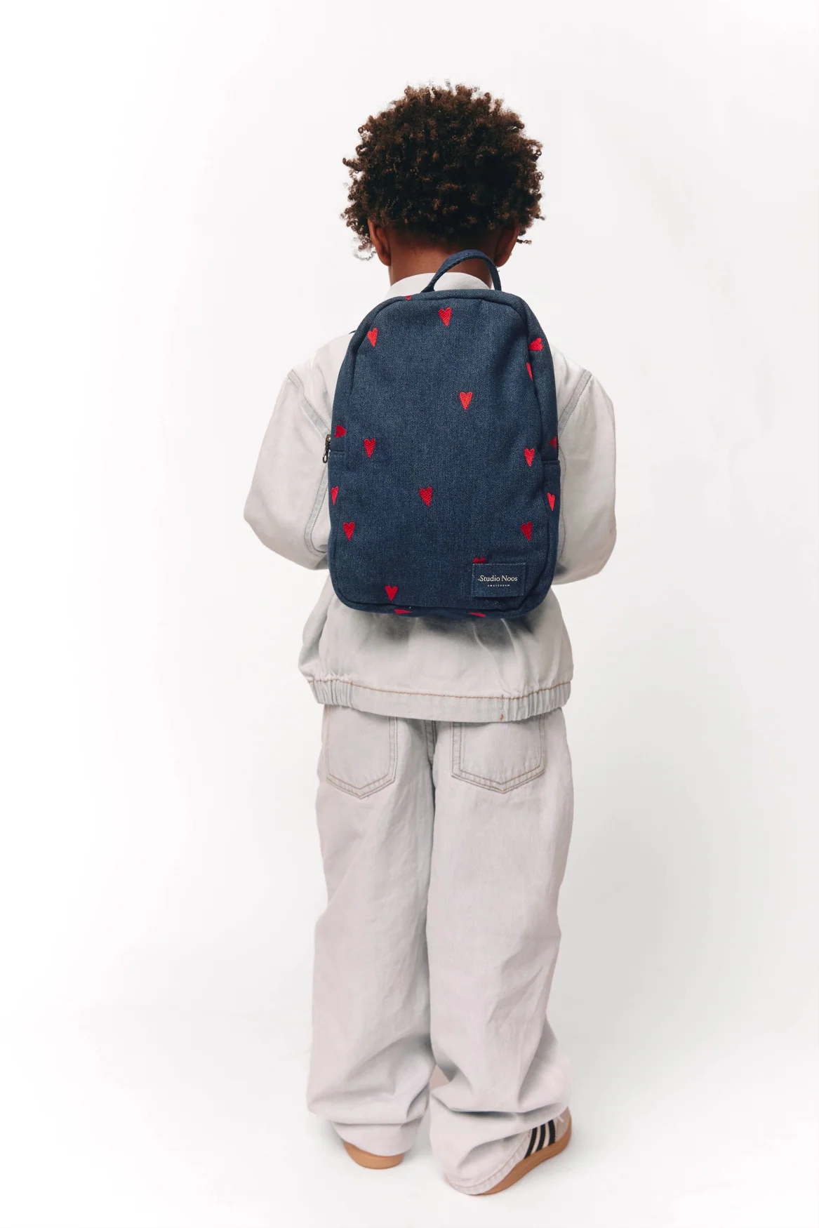 Denim Mini Backpack | Dark Blue Red Hearts