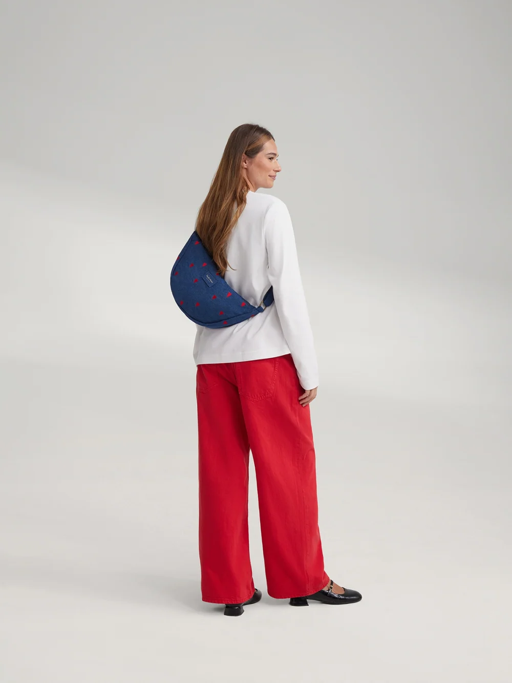 Denim Adult Fanny Pack | Dark Blue Red Hearts