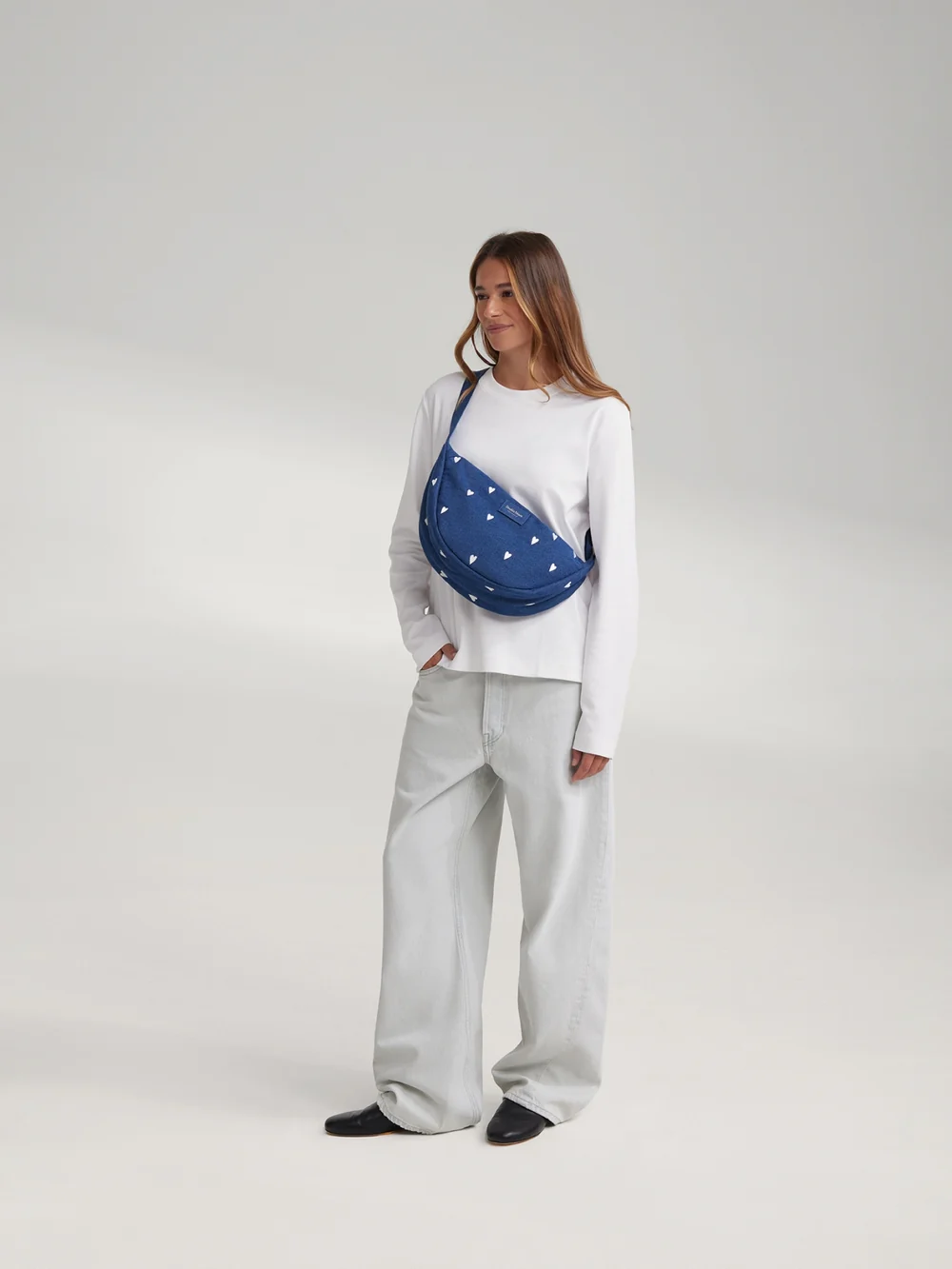 Denim Adult Fanny Pack | Dark Blue White Hearts