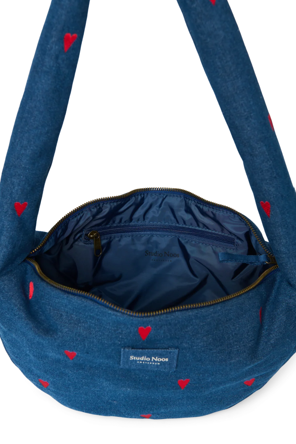 Denim Mini Cross Body Bag | Dark Blue Red Hearts