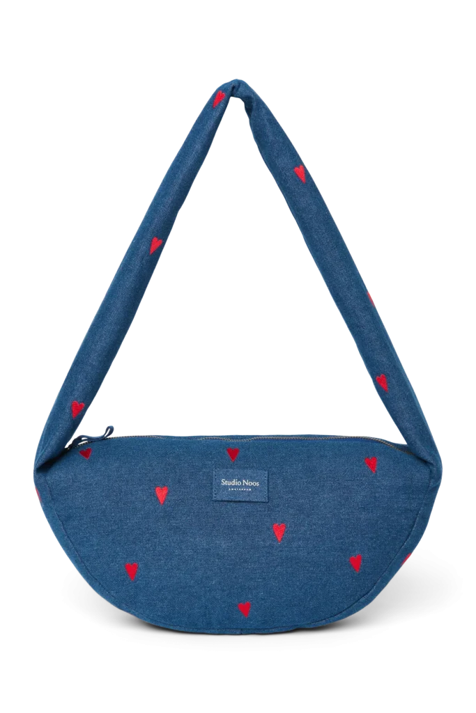 Denim Mini Cross Body Bag | Dark Blue Red Hearts