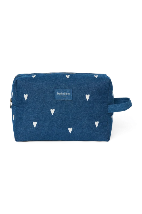 Denim Toiletry Bag | Dark Blue White Hearts