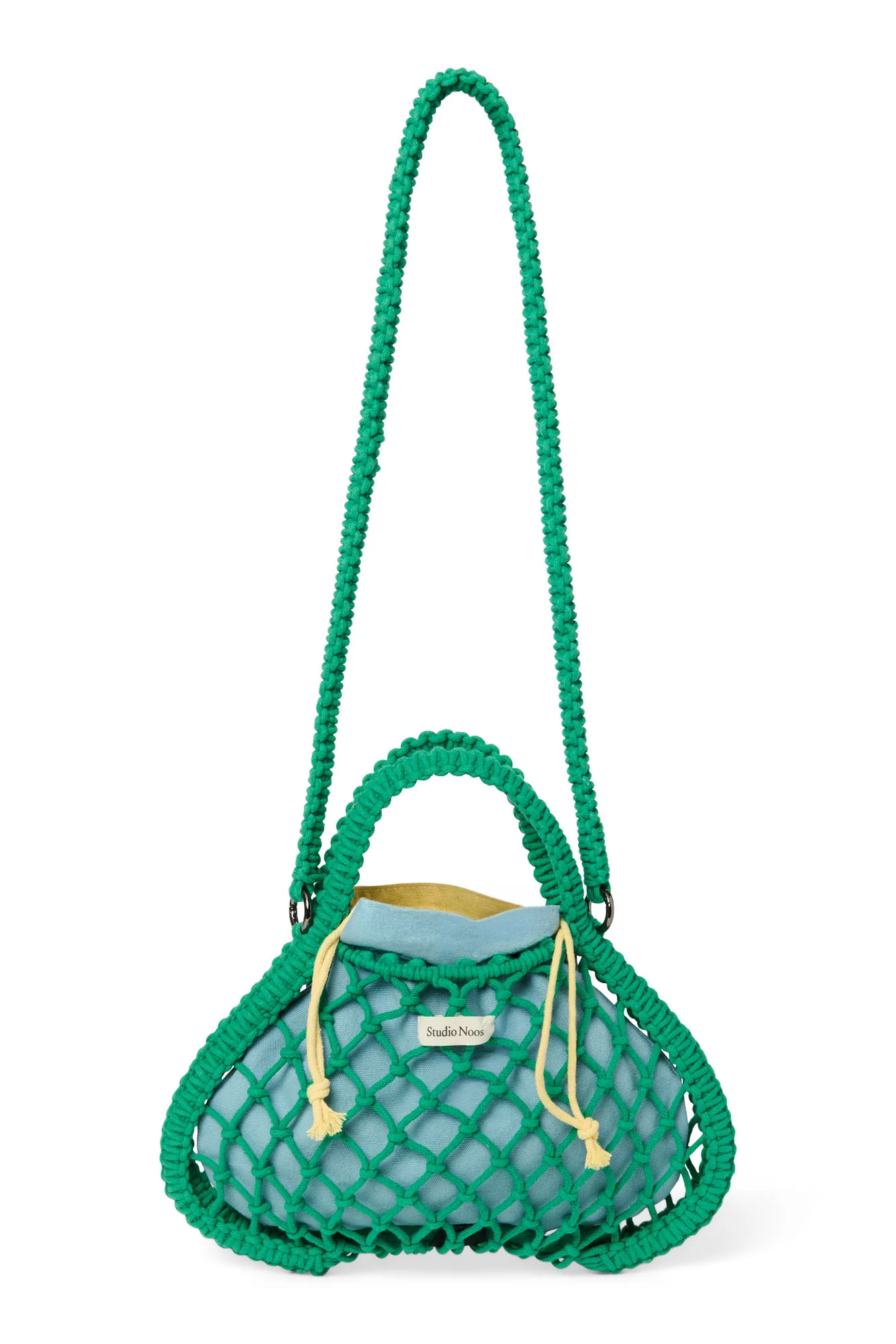 Blue-Yellow Reversible Insert | Green Macram&eacute; Mini Handbag with