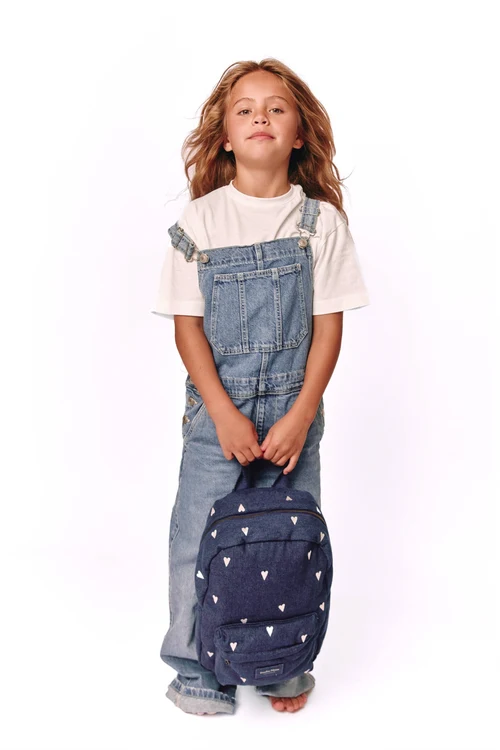 Denim Midi Backpack | Dark Blue White Hearts