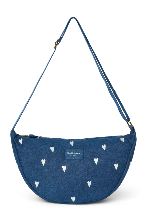 Denim Adult Fanny Pack | Dark Blue White Hearts