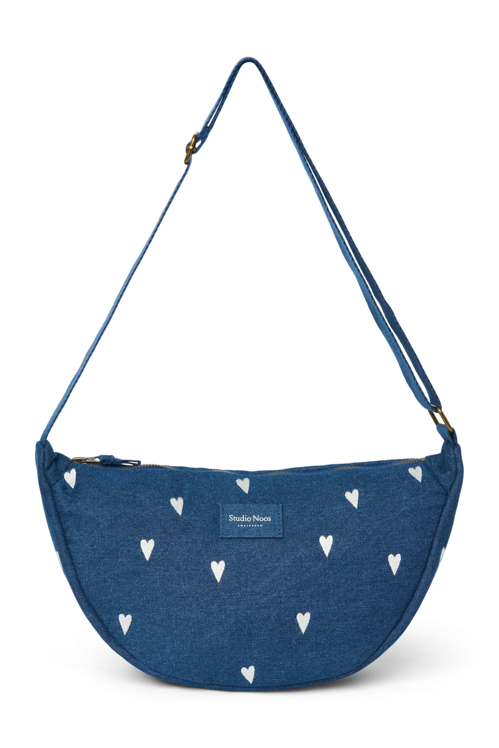 Denim Adult Fanny Pack | Dark Blue White Hearts