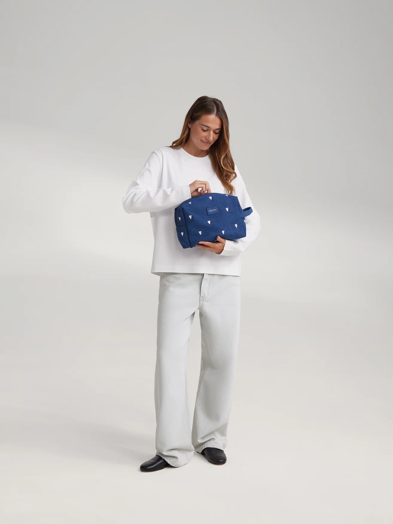 Denim Toiletry Bag | Dark Blue White Hearts