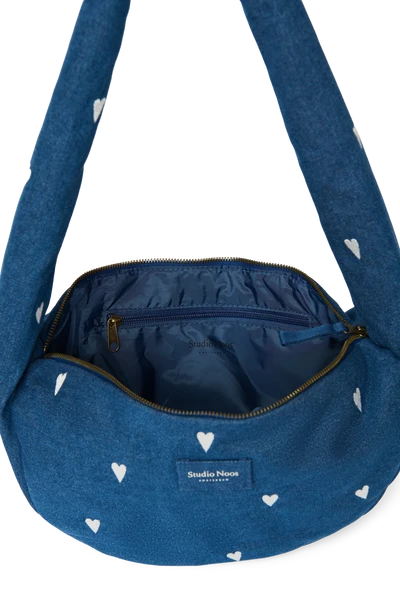 Denim Mini Cross Body Bag | Dark Blue White Hearts