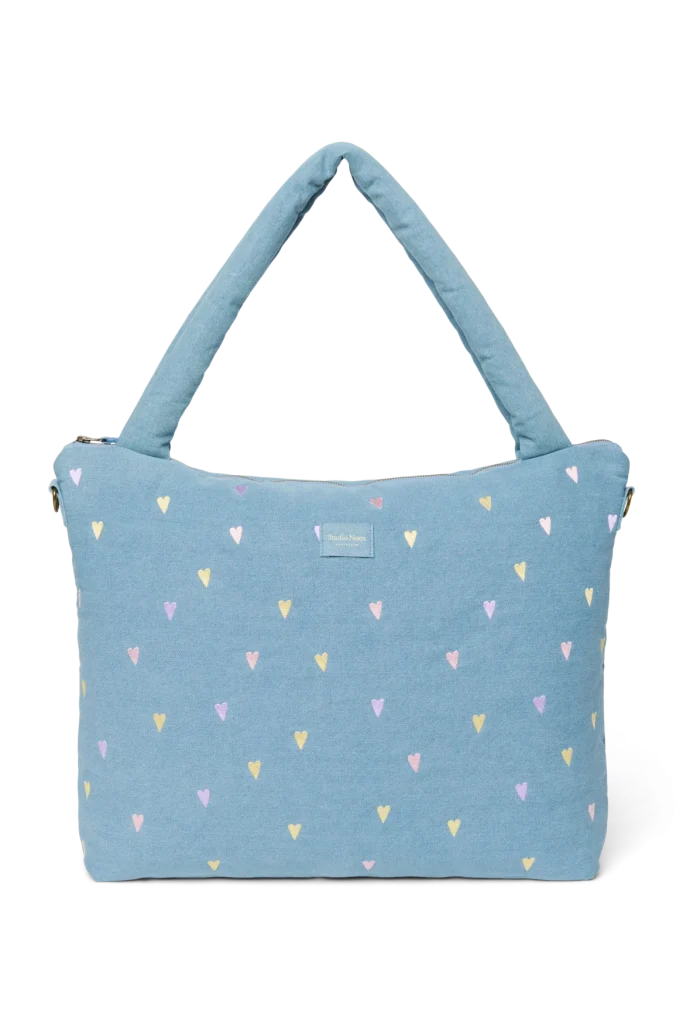 Denim Diaper Bag | Light Blue Hearts