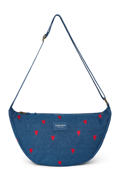 Denim Adult Fanny Pack | Dark Blue Red Hearts