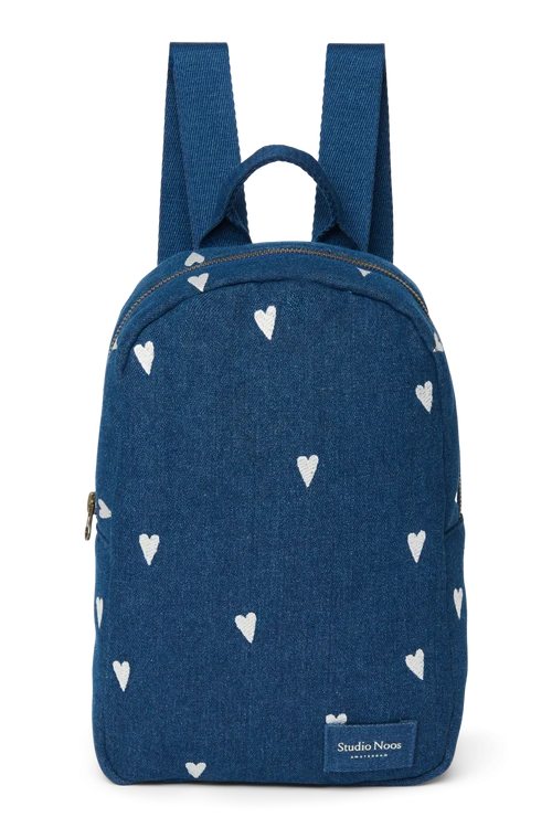 Denim Mini Backpack | Dark Blue White Hearts