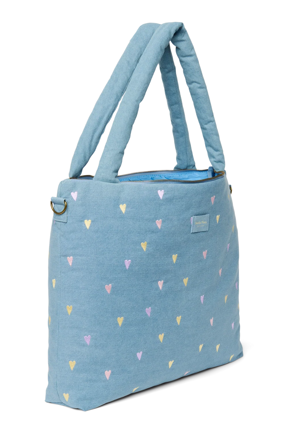 Denim Diaper Bag | Light Blue Hearts