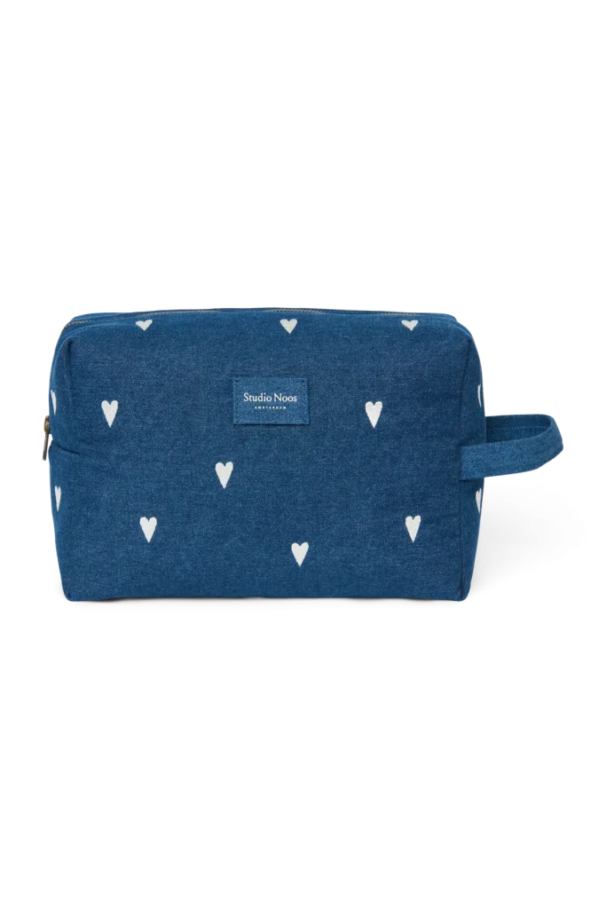 Denim Toiletry Bag | Dark Blue White Hearts