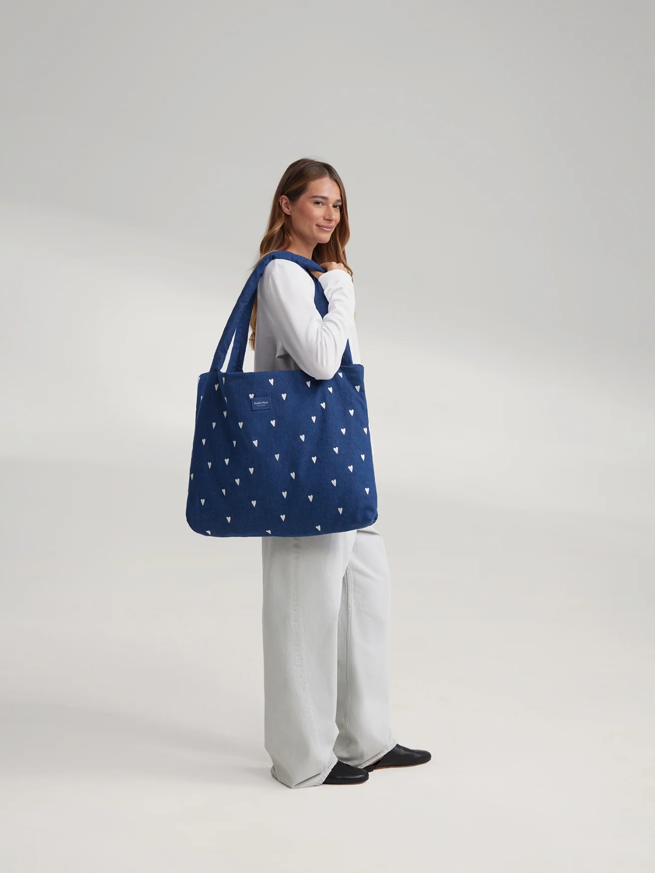 Denim Mom Bag | Dark Blue White Hearts