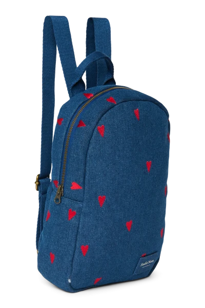 Denim Mini Backpack | Dark Blue Red Hearts