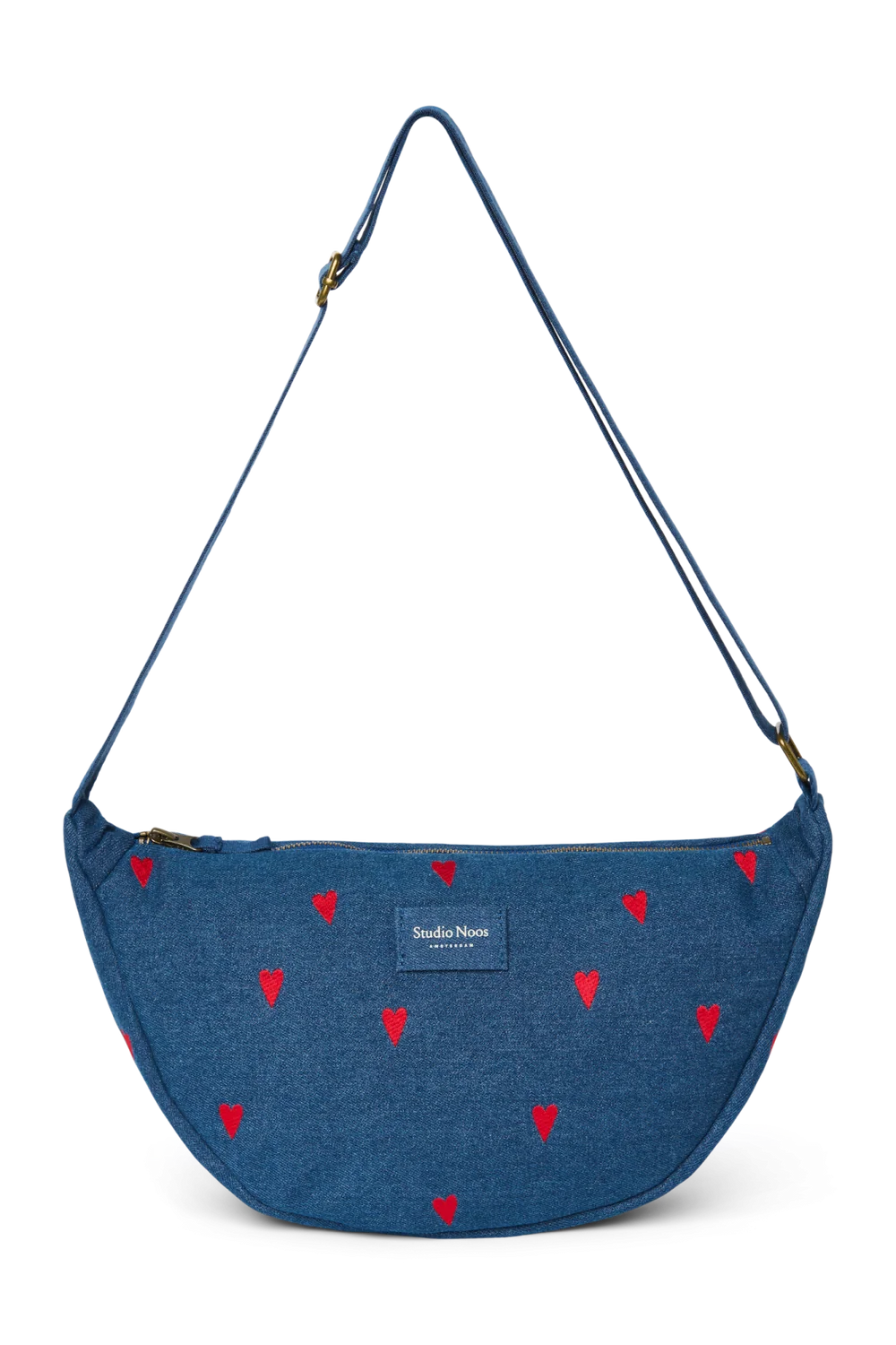 Denim Adult Fanny Pack | Dark Blue Red Hearts