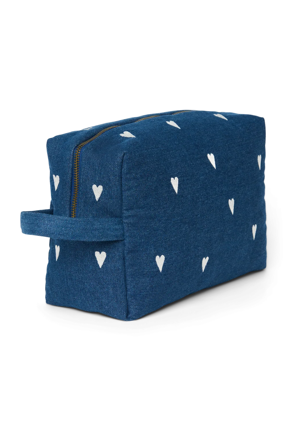 Denim Toiletry Bag | Dark Blue White Hearts