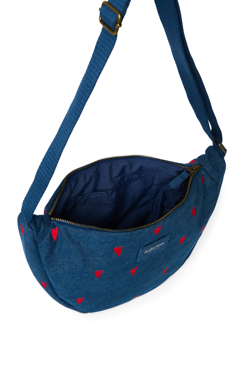 Denim Adult Fanny Pack | Dark Blue Red Hearts
