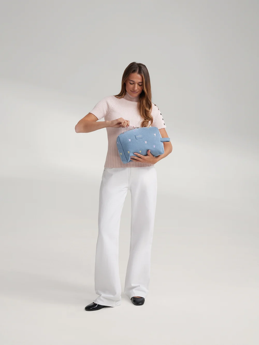 Denim Toiletry Bag | Light Blue Hearts
