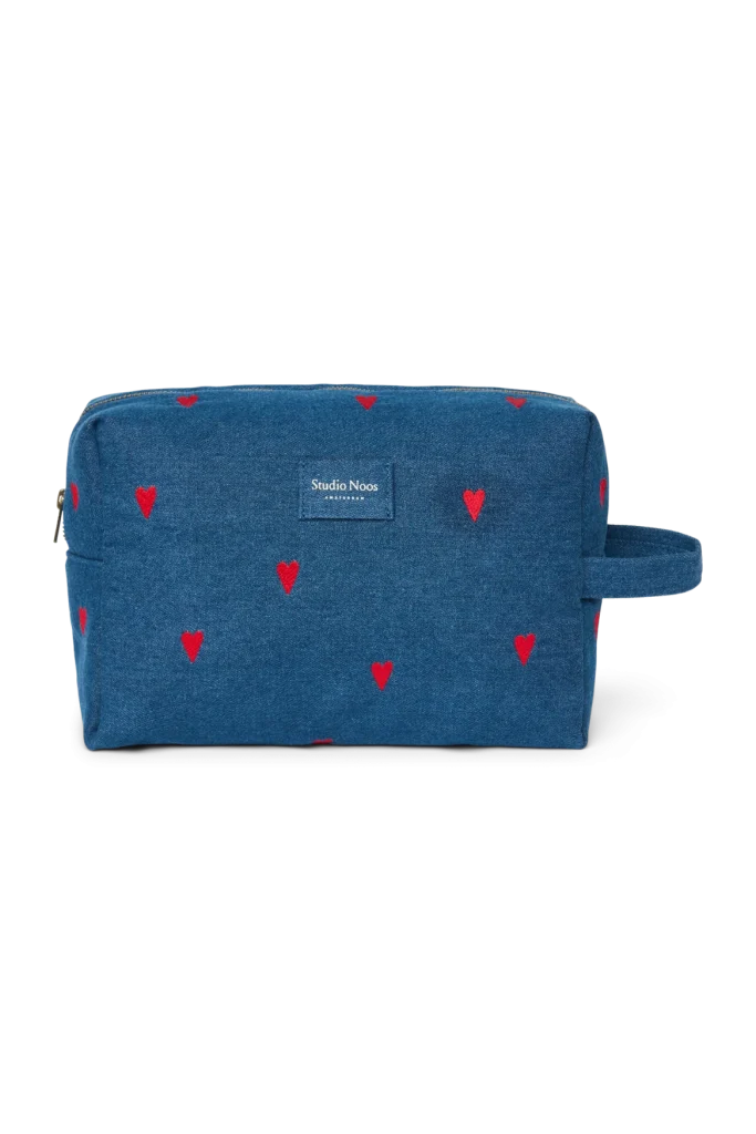 Denim Toiletry Bag | Dark Blue Red Hearts